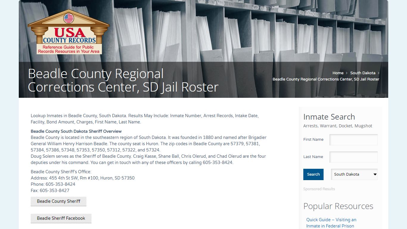 Beadle County Regional Corrections Center, SD Jail Roster ...